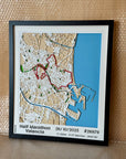 Personalized Half Marathon route map wall art with finish time and bib number, laser-cut layered wooden design, framed in black.