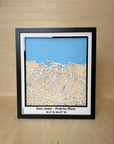 Full view of San Juan Puerto Rico framed 3D city map featuring white precision laser-cut street network, natural wood layers and blue sea detail, handcrafted wall art.