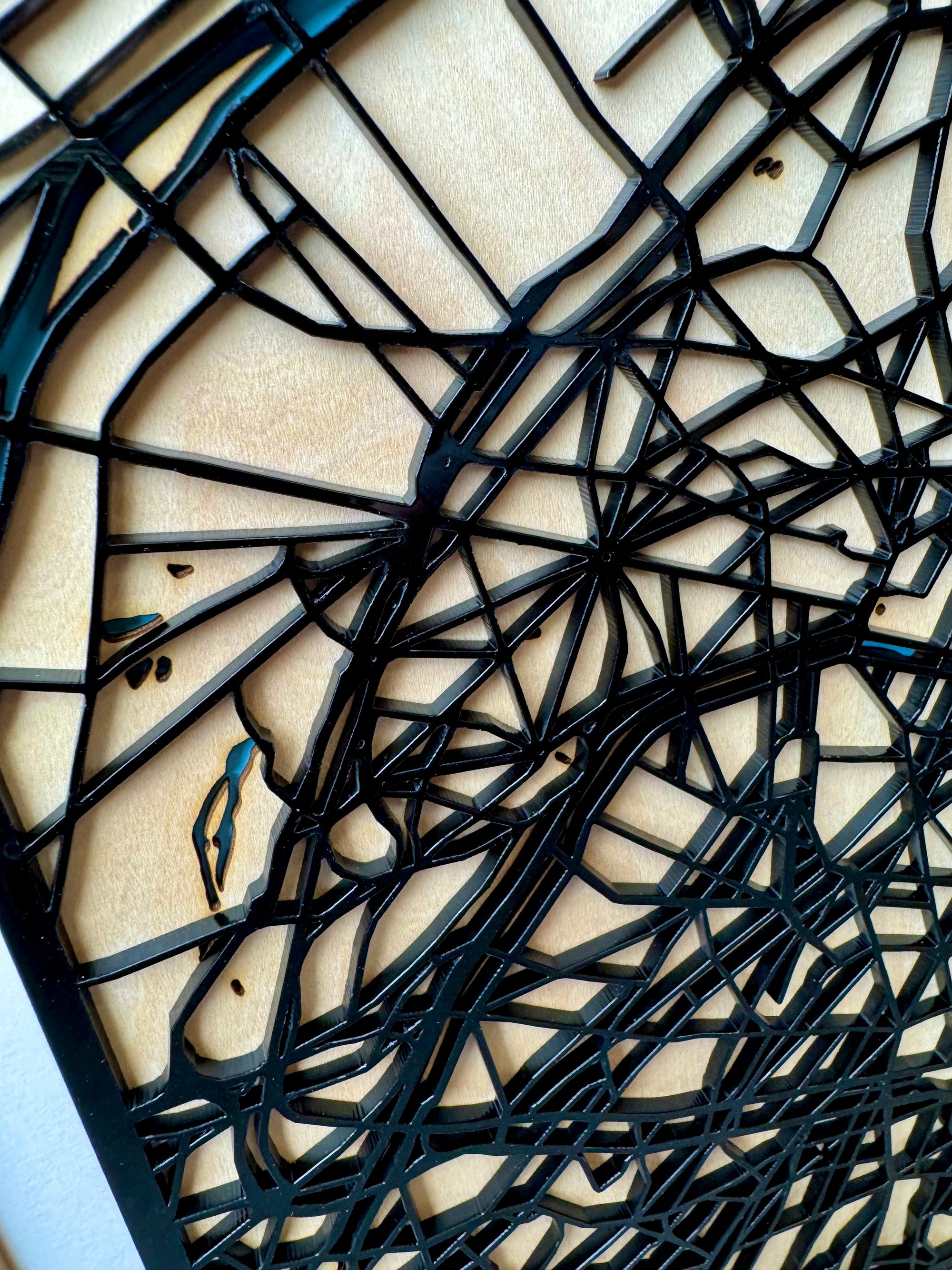 Close-up of personalized Paris city map wall art showing intricate laser-cut street details and layered wooden design with the Seine River, handcrafted Paris map artwork with coordinates for modern wall decor