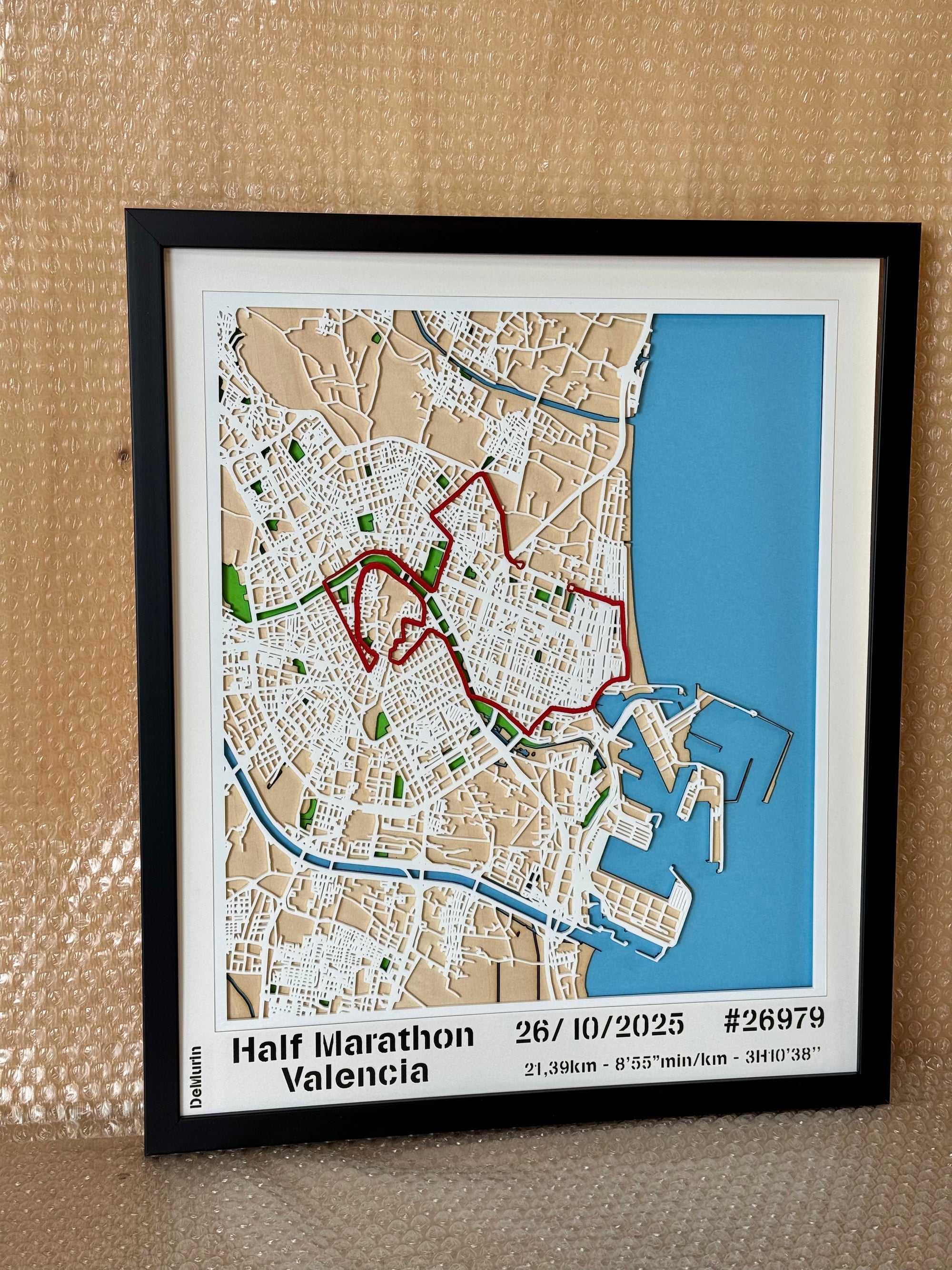 Custom marathon poster featuring official race route, finish time and bib number, framed and ready to hang.