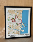 Custom marathon poster featuring official race route, finish time and bib number, framed and ready to hang.