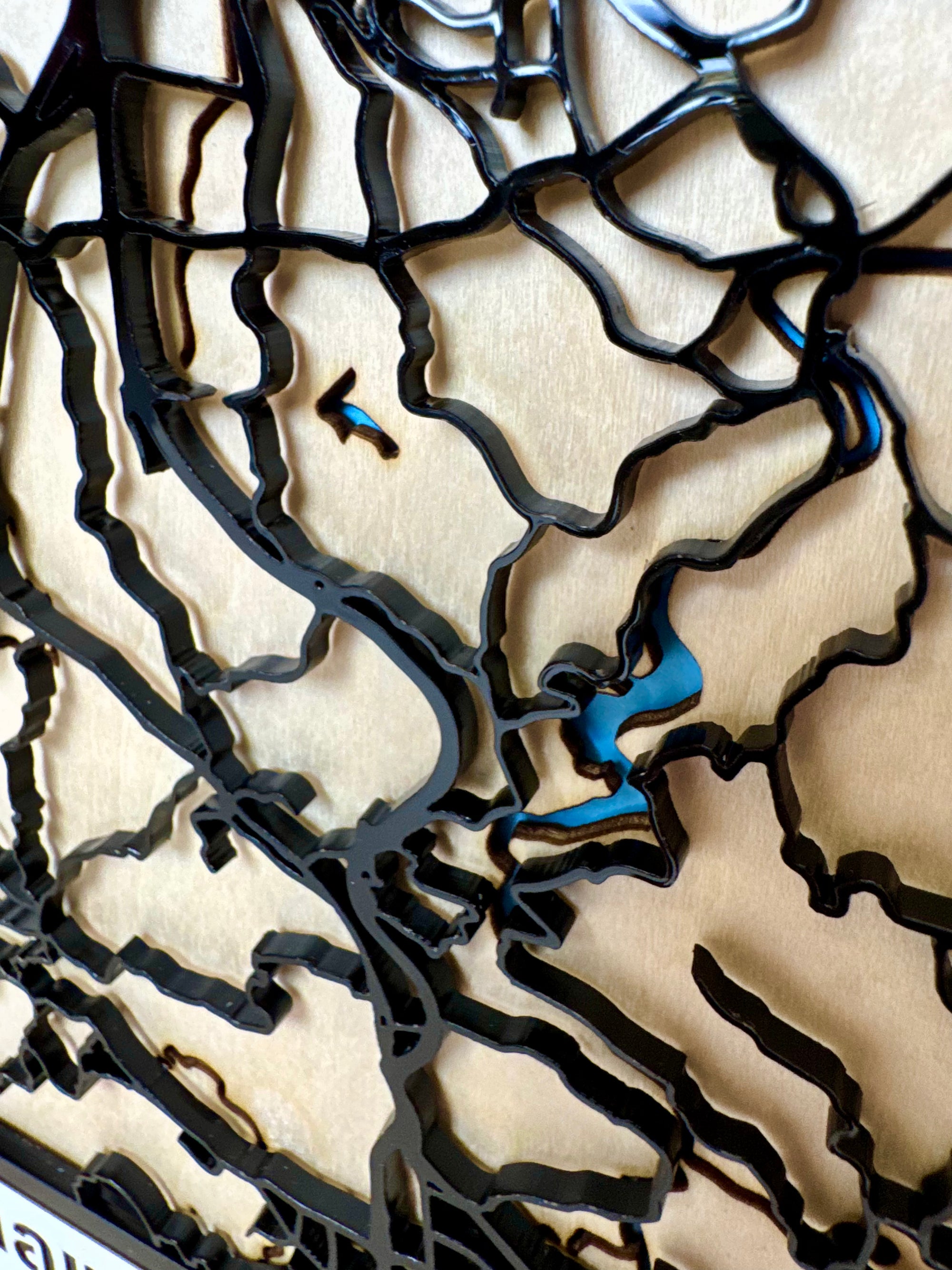 Close-up detail of San Juan Puerto Rico framed 3D city map, handcrafted laser-cut wood layers, raised street network and coastal design wall decor.