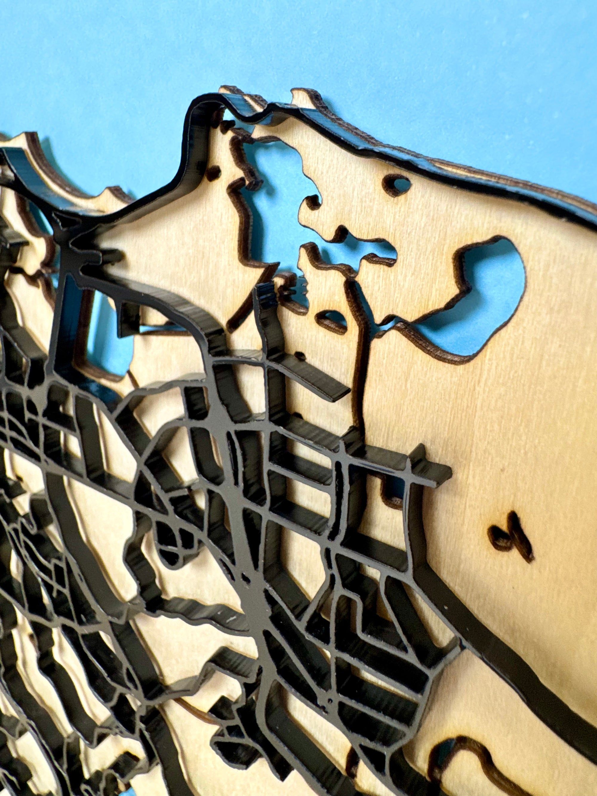Macro detail of San Juan Puerto Rico framed 3D city map, precision laser-cut wood layers, raised street pattern, black wooden frame, white mat border and engraved location coordinates