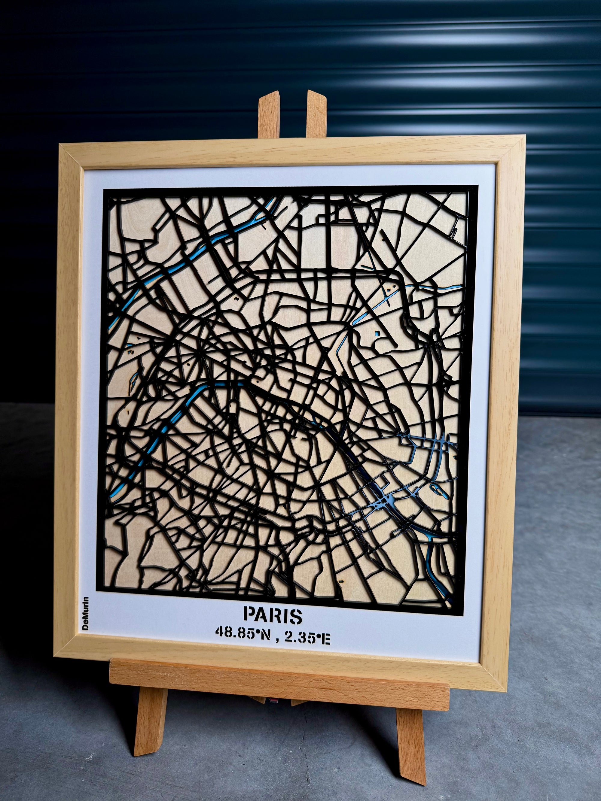 Personalized Paris city map wall art frame with coordinates – laser cut Paris street map artwork displayed on wooden easel