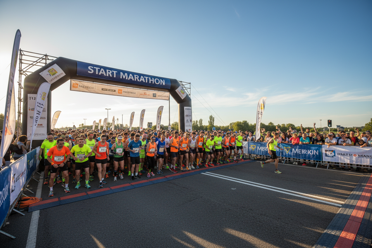 Half marathon finish line scene representing race day achievement, paired with personalized marathon route map wall art.