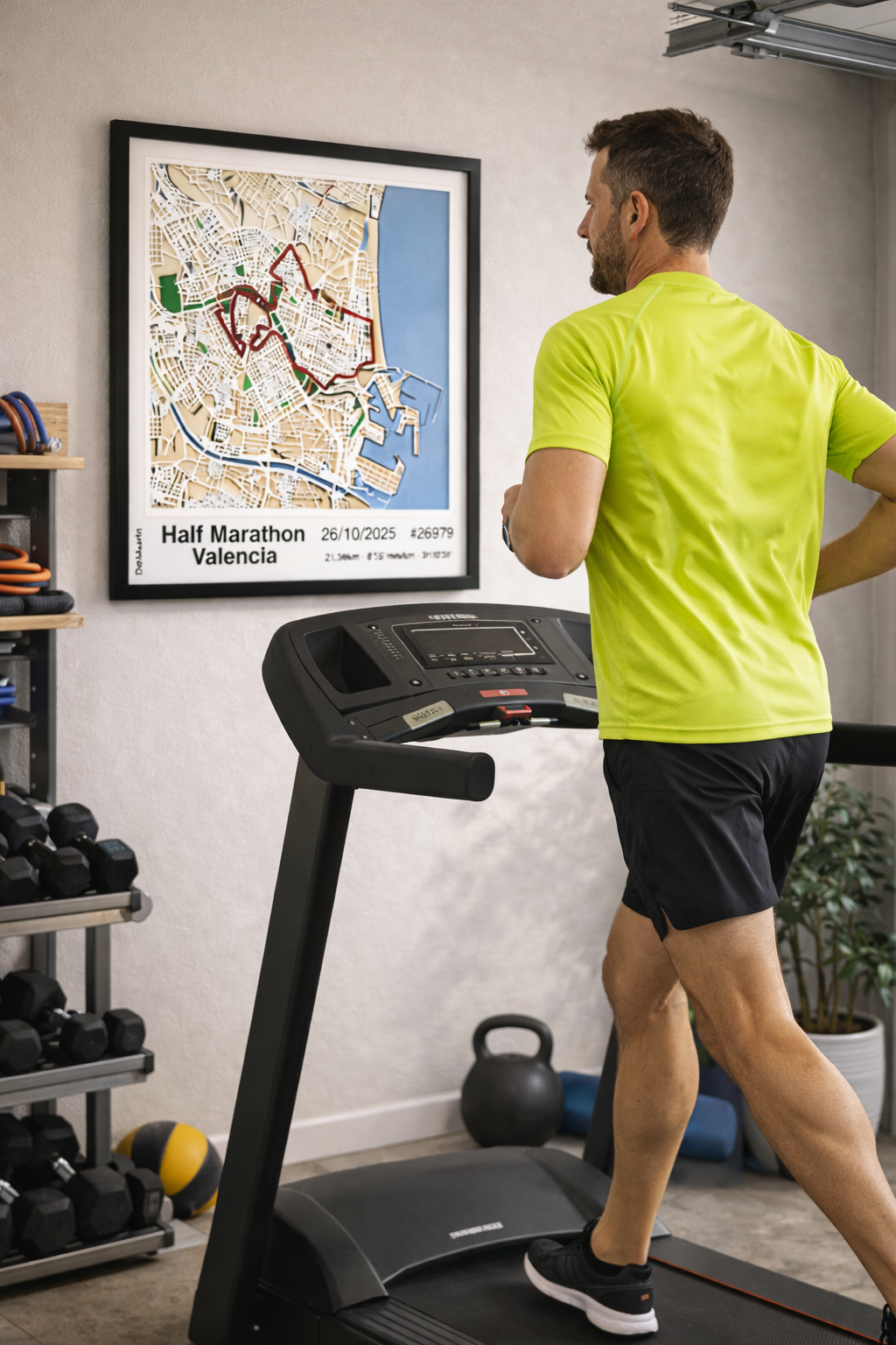 Athletic man running on treadmill in home gym with personalized marathon route map framed on the wall behind him.