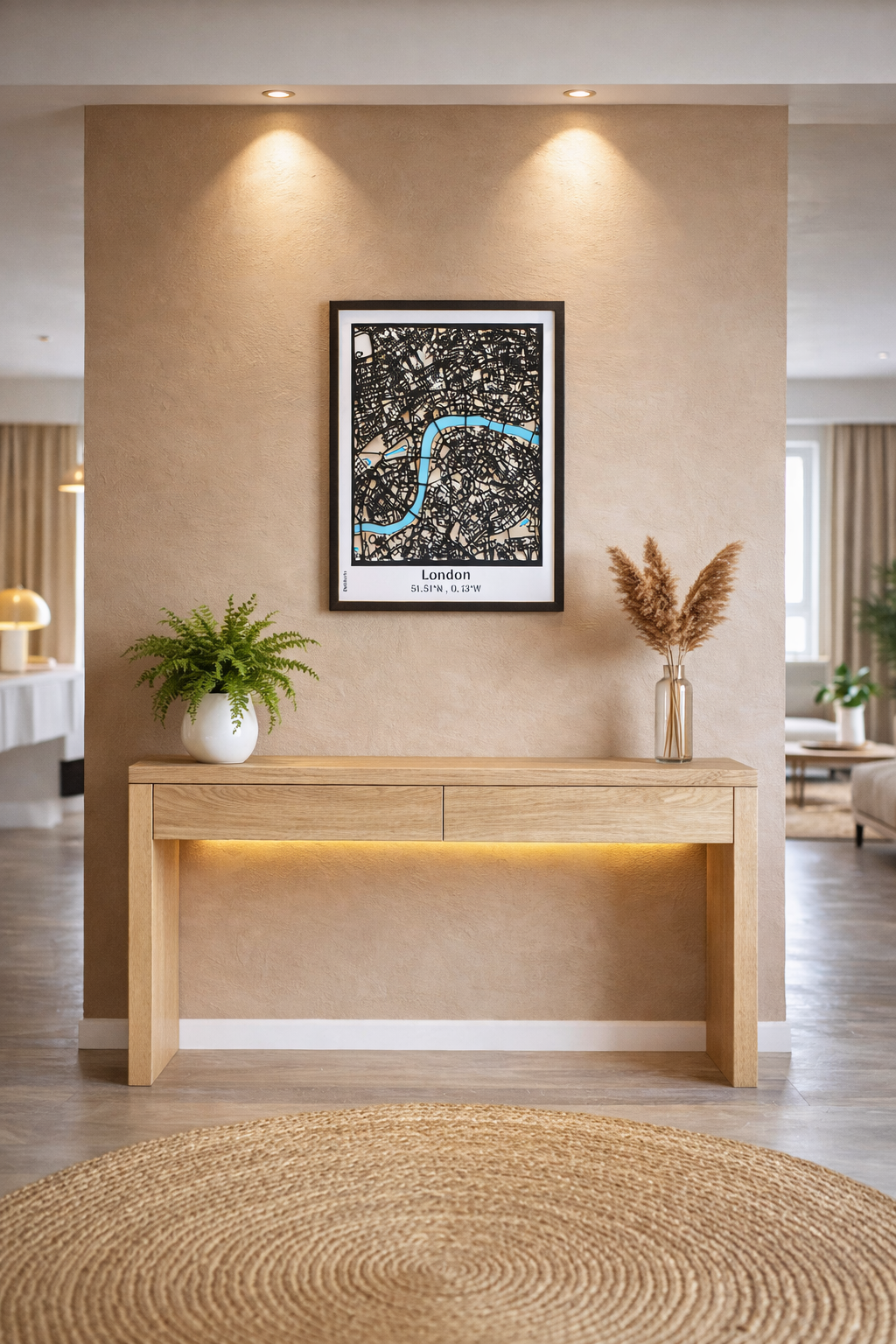 London city map wall decor in natural wood frame displayed in a contemporary living room – 3D laser-cut street map with River Thames detail, handmade in France.