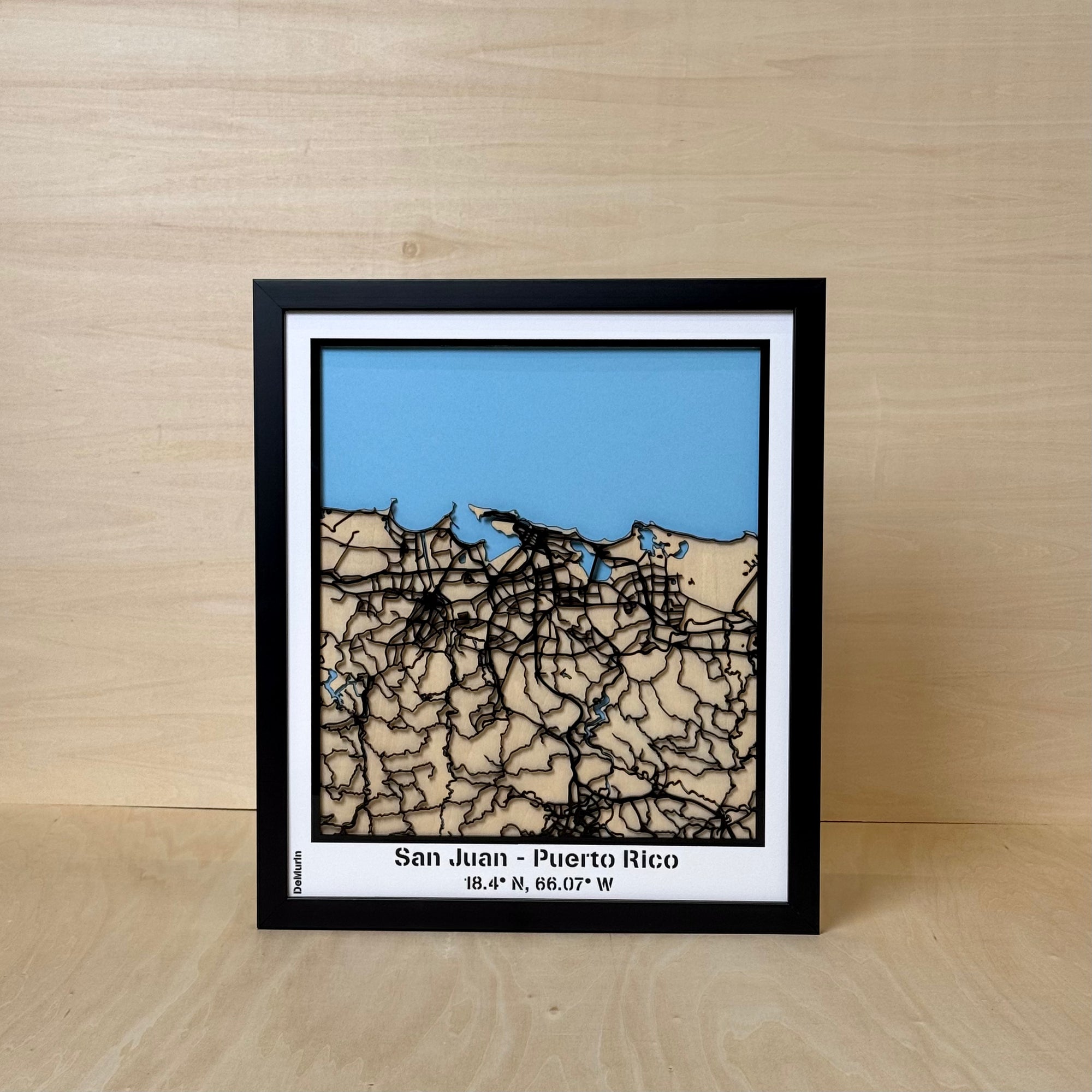 San Juan Puerto Rico framed 3D wooden city map wall art with laser-cut streets and blue ocean.