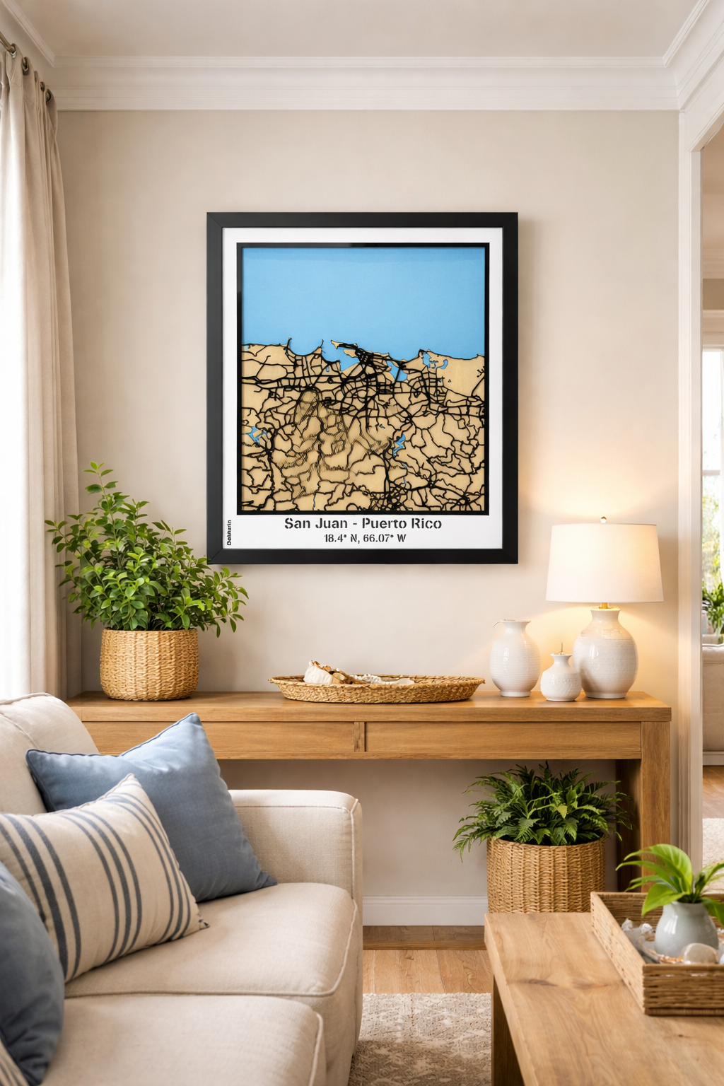 San Juan Puerto Rico framed 3D city map with white precision laser-cut street network mounted in a contemporary living room, natural wood layers and blue sea detail, handcrafted wall art.