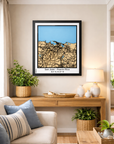 San Juan Puerto Rico framed 3D city map with white precision laser-cut street network mounted in a contemporary living room, natural wood layers and blue sea detail, handcrafted wall art.