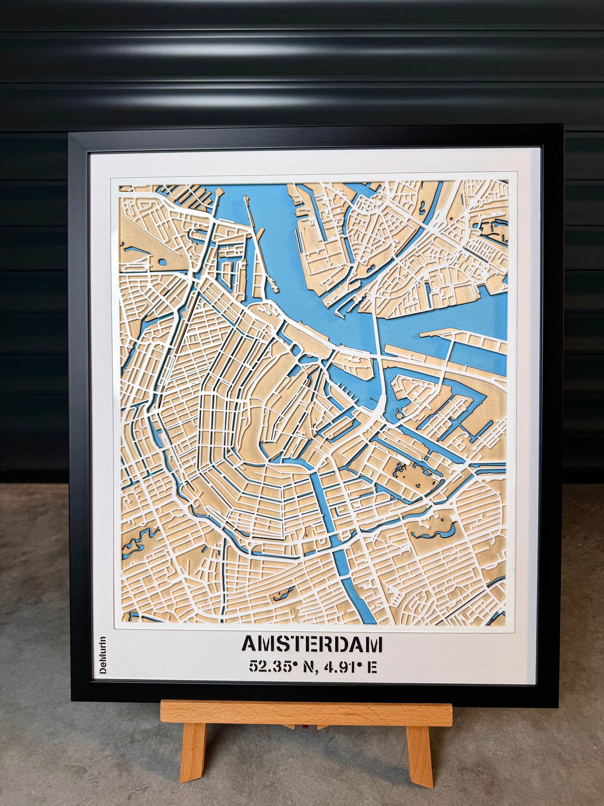 Amsterdam city map wall decor on wooden easel – handcrafted laser cut Amsterdam street map artwork with canals and coordinates
