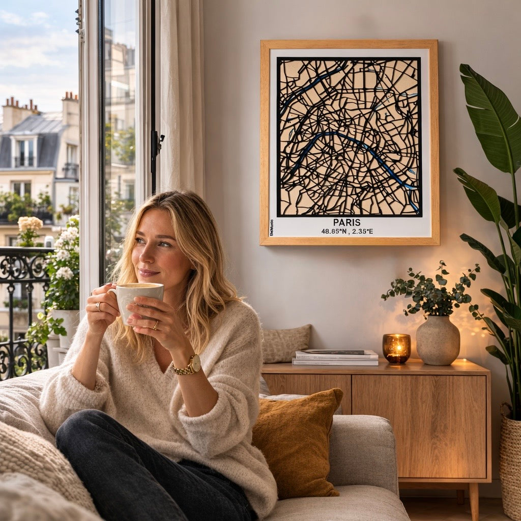 A cozy Parisian apartment interior with a blonde woman enjoying coffee on a sofa near a large balcony window. On the wall behind her, a personalized Paris city map wall art frame with coordinates is displayed, featuring intricate laser-cut wooden street details and the Seine River. The handcrafted Paris map artwork adds a warm and elegant touch to modern home decor.